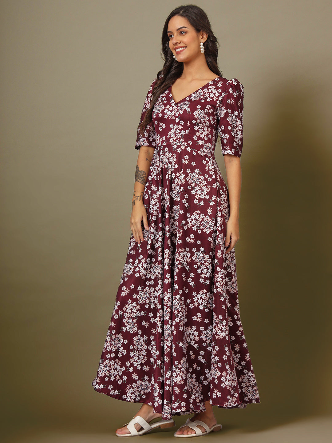 Puff Sleeves Ankle Length Flared Dress