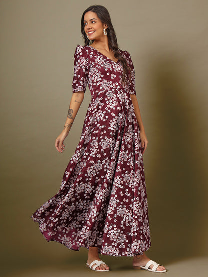 Puff Sleeves Ankle Length Flared Dress
