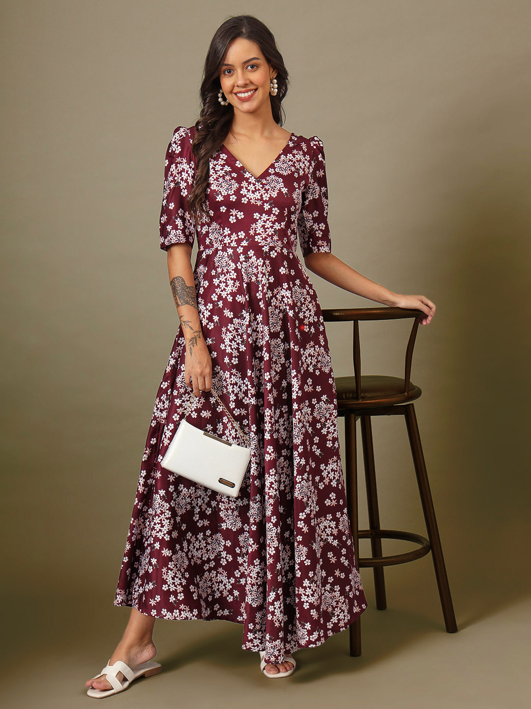 Puff Sleeves Ankle Length Flared Dress