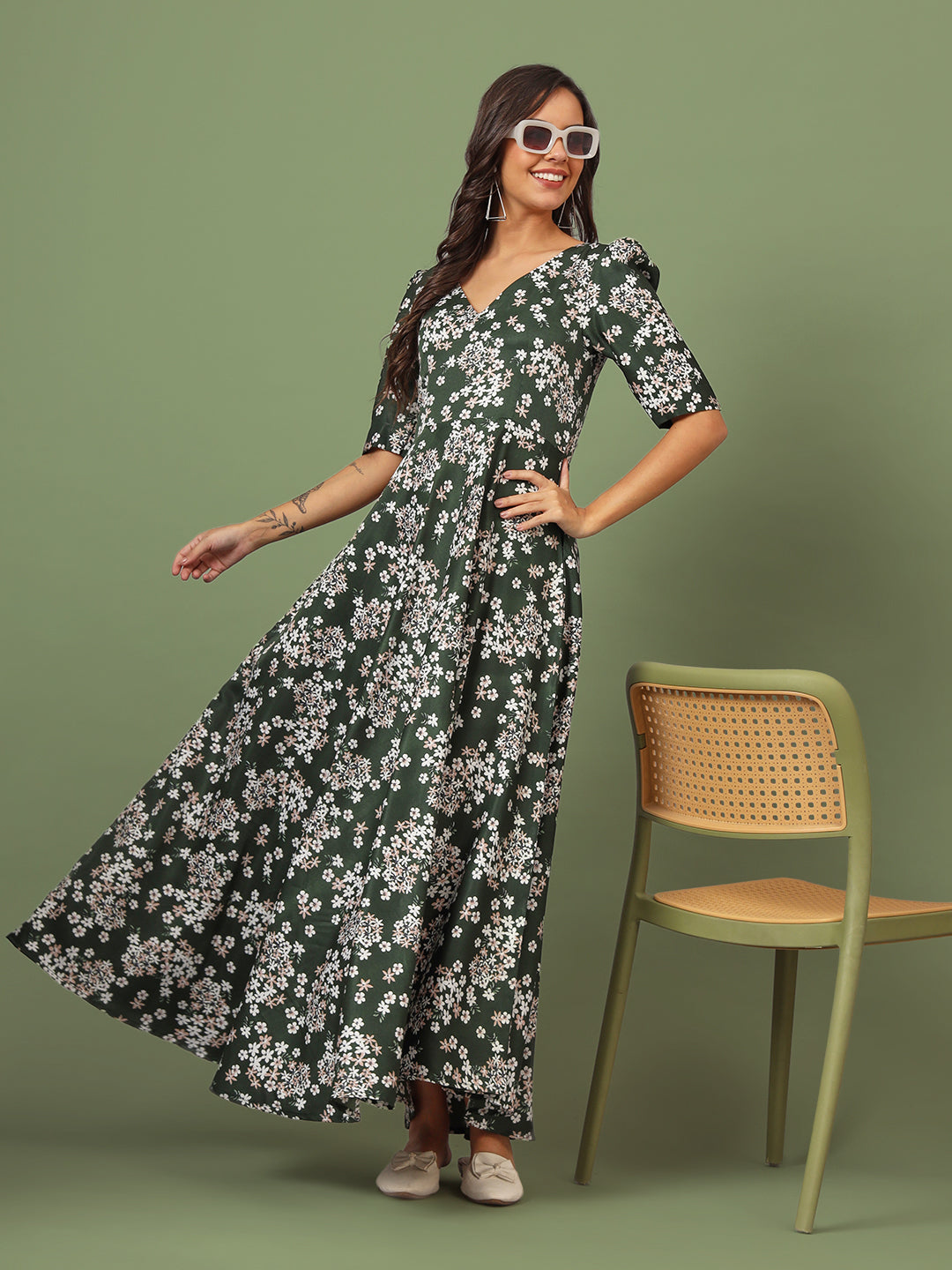 Puff Sleeves Ankle Length Flared Dress
