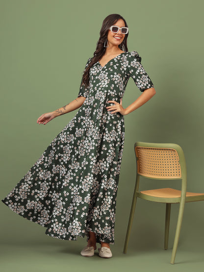 Puff Sleeves Ankle Length Flared Dress