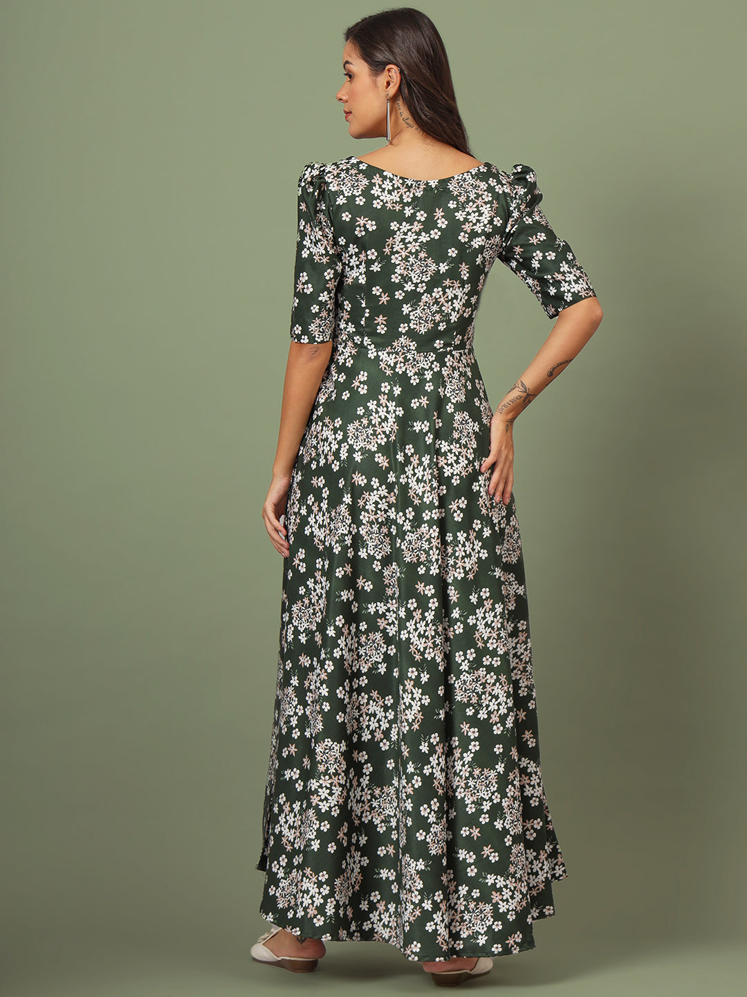 Puff Sleeves Ankle Length Flared Dress