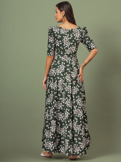 Puff Sleeves Ankle Length Flared Dress