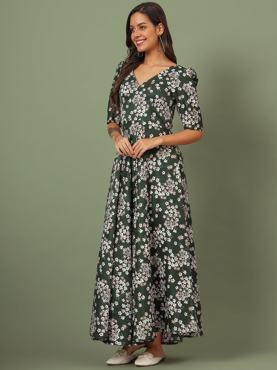 Puff Sleeves Ankle Length Flared Dress