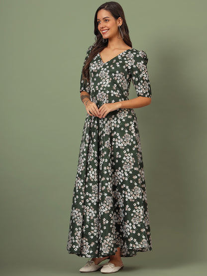 Puff Sleeves Ankle Length Flared Dress
