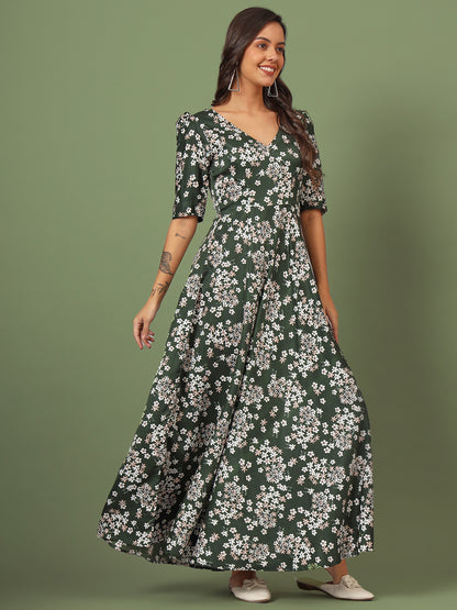 Puff Sleeves Ankle Length Flared Dress