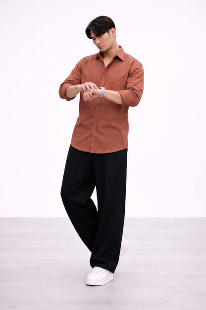 Men’s Rust Brown Cotton Linen Shirt – Premium Casual Shirt | Lightweight & Breathable