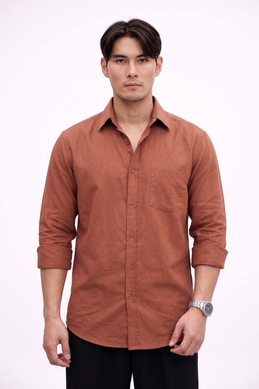 Men’s Rust Brown Cotton Linen Shirt – Premium Casual Shirt | Lightweight & Breathable