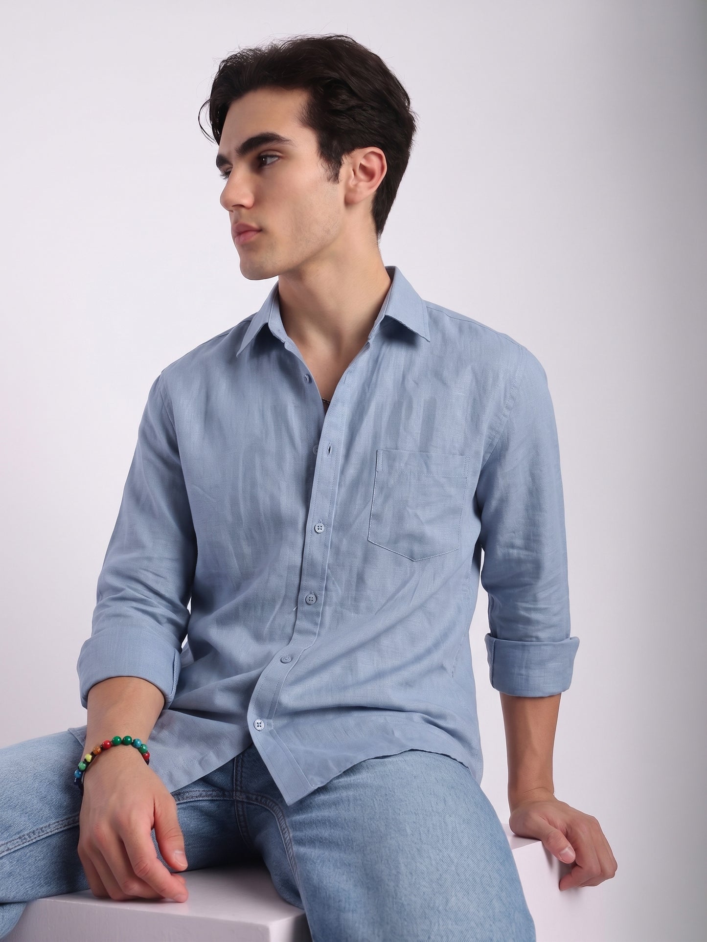Steel Blue Linen Button-Up Shirt with Chest Pocket – Lightweight Casual Men’s Shirt