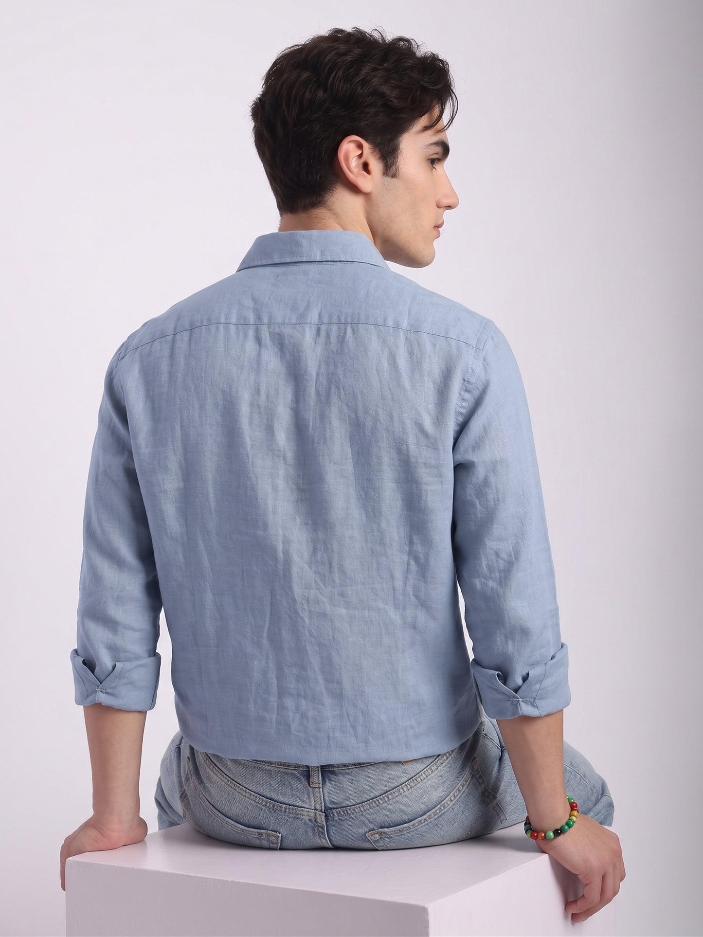 Steel Blue Linen Button-Up Shirt with Chest Pocket – Lightweight Casual Men’s Shirt