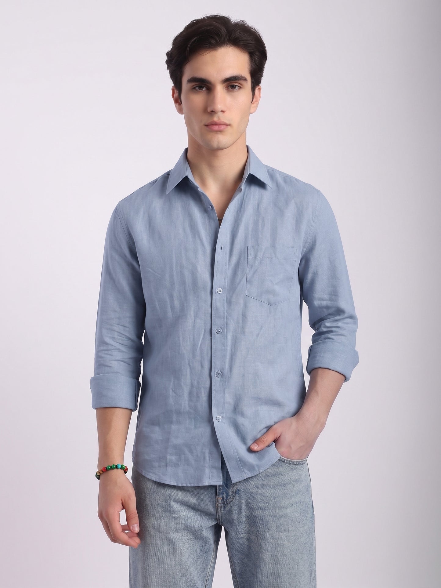 Steel Blue Linen Button-Up Shirt with Chest Pocket – Lightweight Casual Men’s Shirt