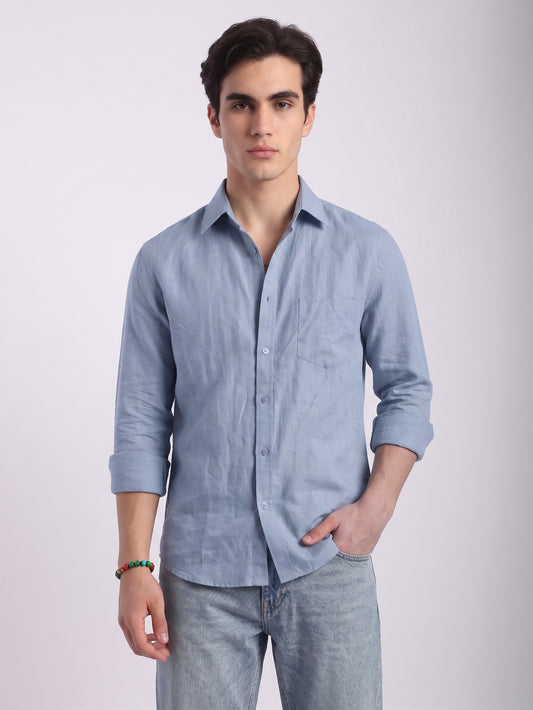 Steel Blue Linen Button-Up Shirt with Chest Pocket – Lightweight Casual Men’s Shirt