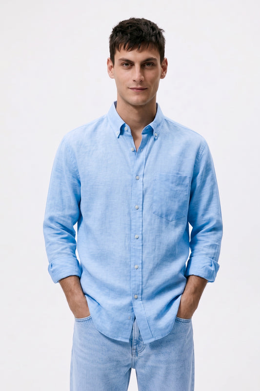 Ice Blue Cotton Linen Casual Shirt