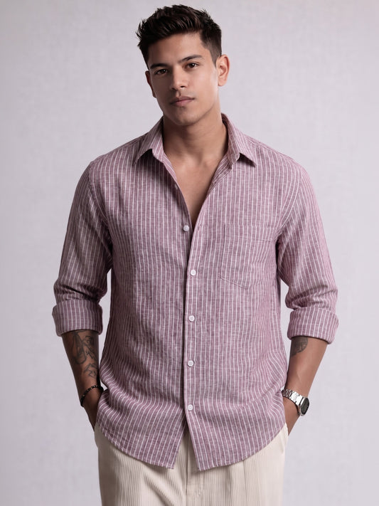 Men’s Burgundy Casual Shirt | Vertical Stripe Pattern | Regular Fit Full Sleeve Shirt with Chest Pocket