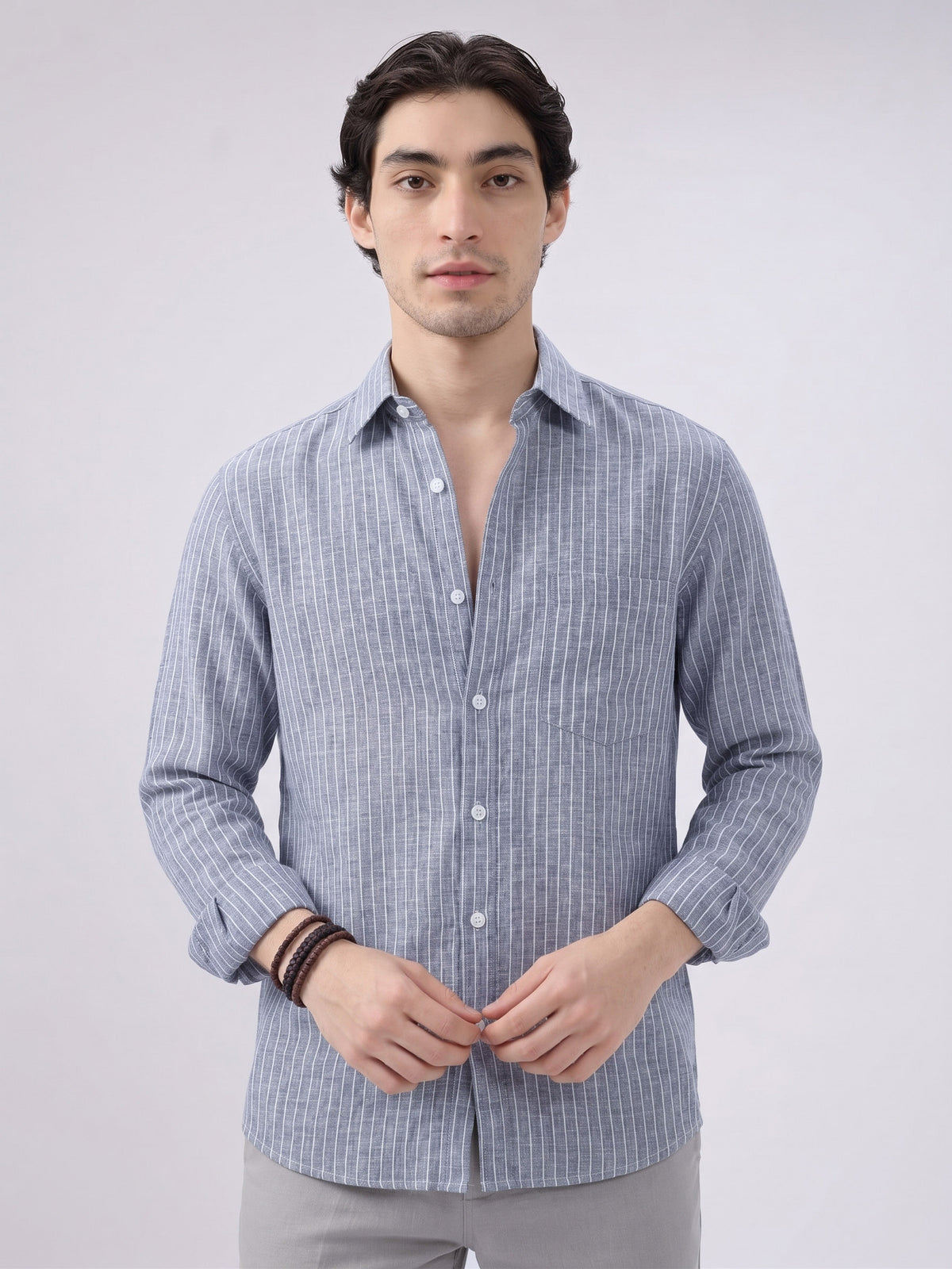 Men’s Blue Casual Shirt | Vertical Stripe Pattern | Regular Fit Full Sleeve Shirt with Chest PockeT