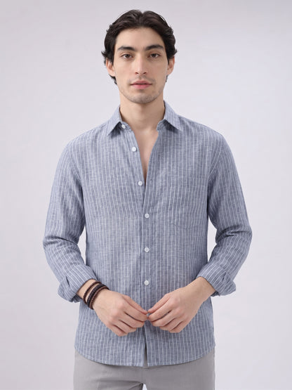 Men’s Blue Casual Shirt | Vertical Stripe Pattern | Regular Fit Full Sleeve Shirt with Chest PockeT