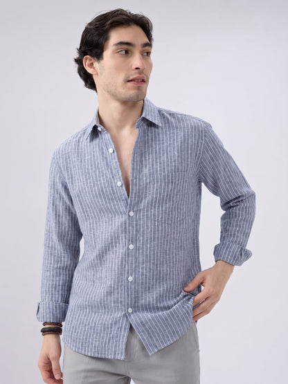 Men’s Blue Casual Shirt | Vertical Stripe Pattern | Regular Fit Full Sleeve Shirt with Chest PockeT