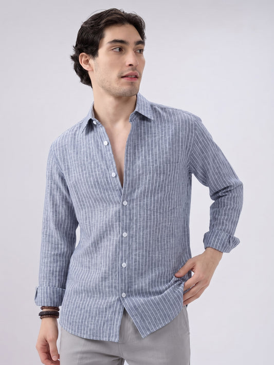 Men’s Blue Casual Shirt | Vertical Stripe Pattern | Regular Fit Full Sleeve Shirt with Chest PockeT