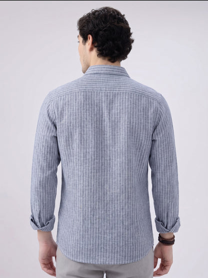 Men’s Blue Casual Shirt | Vertical Stripe Pattern | Regular Fit Full Sleeve Shirt with Chest PockeT