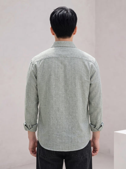 Men’s Olive Casual Shirt | Vertical Stripe Pattern | Regular Fit Full Sleeve Shirt with Chest Pocket