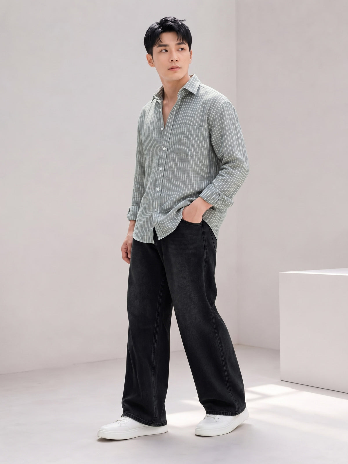 Men’s Olive Casual Shirt | Vertical Stripe Pattern | Regular Fit Full Sleeve Shirt with Chest Pocket