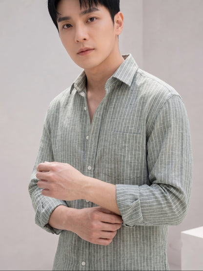 Men’s Olive Casual Shirt | Vertical Stripe Pattern | Regular Fit Full Sleeve Shirt with Chest Pocket