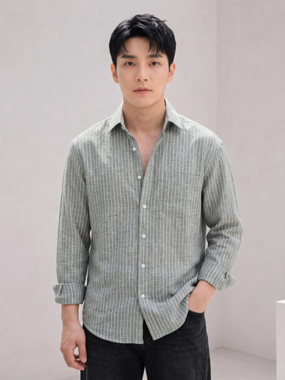 Men’s Olive Casual Shirt | Vertical Stripe Pattern | Regular Fit Full Sleeve Shirt with Chest Pocket