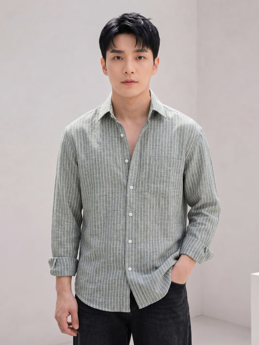Men’s Olive Casual Shirt | Vertical Stripe Pattern | Regular Fit Full Sleeve Shirt with Chest Pocket