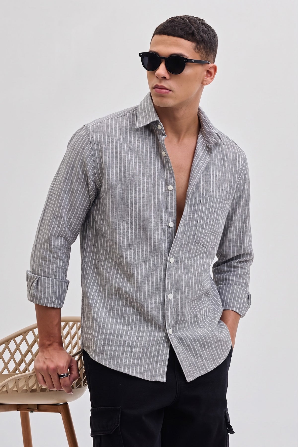 Men’s Grey Casual Shirt | Vertical Stripe Pattern | Regular Fit Full Sleeve Shirt with Chest Pocket