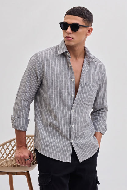 Men’s Grey Casual Shirt | Vertical Stripe Pattern | Regular Fit Full Sleeve Shirt with Chest Pocket