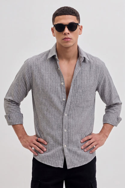 Men’s Grey Casual Shirt | Vertical Stripe Pattern | Regular Fit Full Sleeve Shirt with Chest Pocket