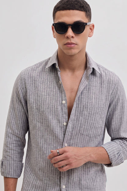 Men’s Grey Casual Shirt | Vertical Stripe Pattern | Regular Fit Full Sleeve Shirt with Chest Pocket