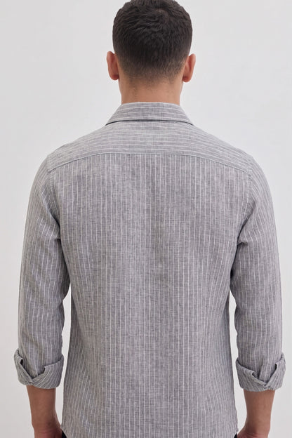Men’s Grey Casual Shirt | Vertical Stripe Pattern | Regular Fit Full Sleeve Shirt with Chest Pocket