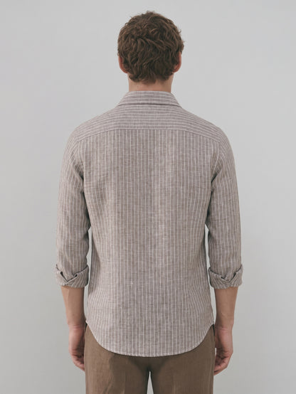 Men’s Brown Casual Shirt | Vertical Stripe Pattern | Regular Fit Full Sleeve Shirt with Chest Pocket