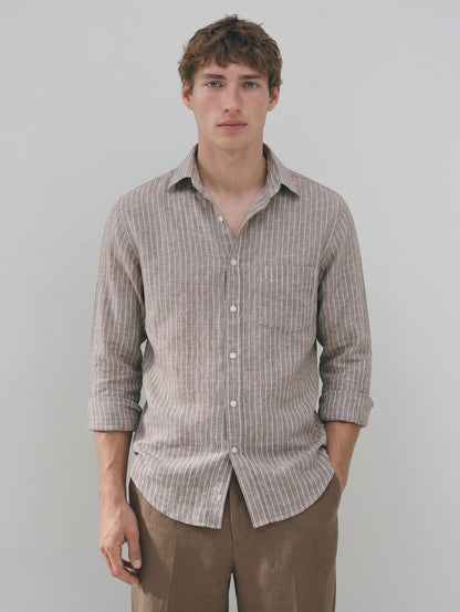 Men’s Brown Casual Shirt | Vertical Stripe Pattern | Regular Fit Full Sleeve Shirt with Chest Pocket