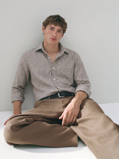 Men’s Brown Casual Shirt | Vertical Stripe Pattern | Regular Fit Full Sleeve Shirt with Chest Pocket