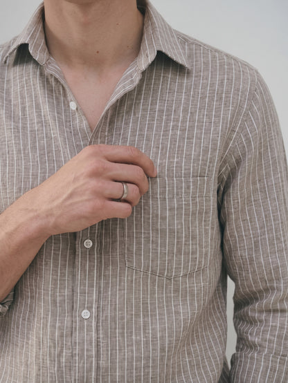 Men’s Brown Casual Shirt | Vertical Stripe Pattern | Regular Fit Full Sleeve Shirt with Chest Pocket