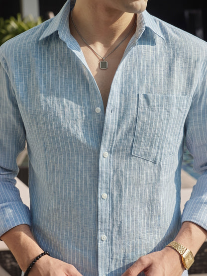 Men’s Turquoise Casual Shirt | Vertical Stripe Pattern | Regular Fit Full Sleeve Shirt with Chest Pocket