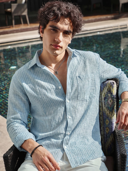 Men’s Turquoise Casual Shirt | Vertical Stripe Pattern | Regular Fit Full Sleeve Shirt with Chest Pocket