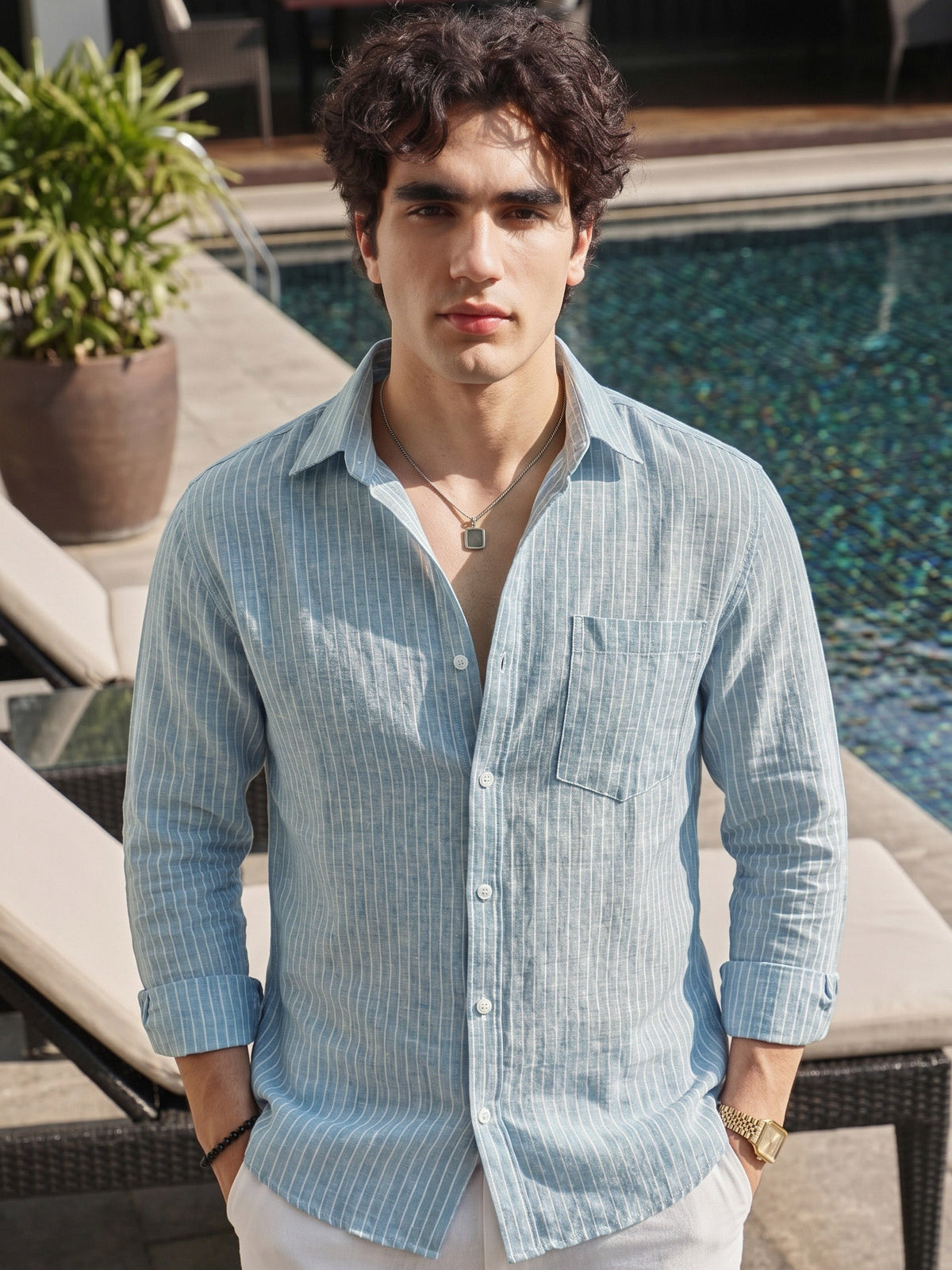 Men’s Turquoise Casual Shirt | Vertical Stripe Pattern | Regular Fit Full Sleeve Shirt with Chest Pocket