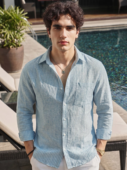Men’s Turquoise Casual Shirt | Vertical Stripe Pattern | Regular Fit Full Sleeve Shirt with Chest Pocket