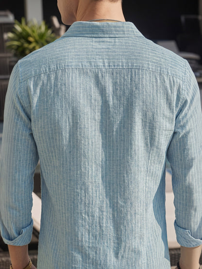 Men’s Turquoise Casual Shirt | Vertical Stripe Pattern | Regular Fit Full Sleeve Shirt with Chest Pocket