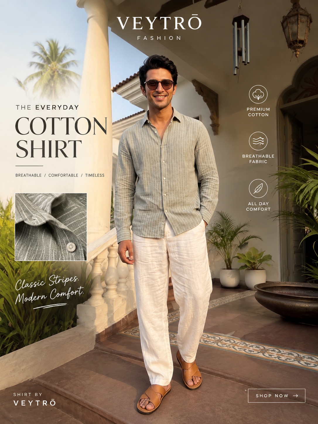 Men’s Olive Casual Shirt | Vertical Stripe Pattern | Regular Fit Full Sleeve Shirt with Chest Pocket