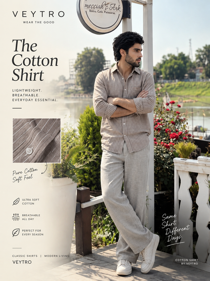 Men’s Brown Casual Shirt | Vertical Stripe Pattern | Regular Fit Full Sleeve Shirt with Chest Pocket