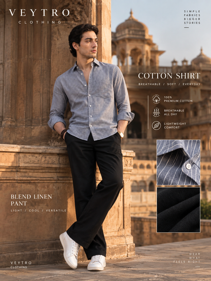 Men’s Blue Casual Shirt | Vertical Stripe Pattern | Regular Fit Full Sleeve Shirt with Chest PockeT