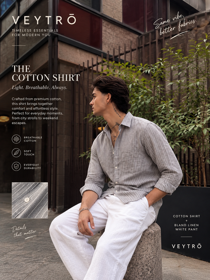 Men’s Grey Casual Shirt | Vertical Stripe Pattern | Regular Fit Full Sleeve Shirt with Chest Pocket