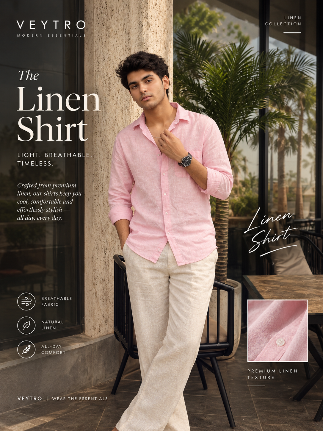 Men’s Pink Cotton Linen Shirt – Premium Casual Shirt, Lightweight & Breathable Regular Fit