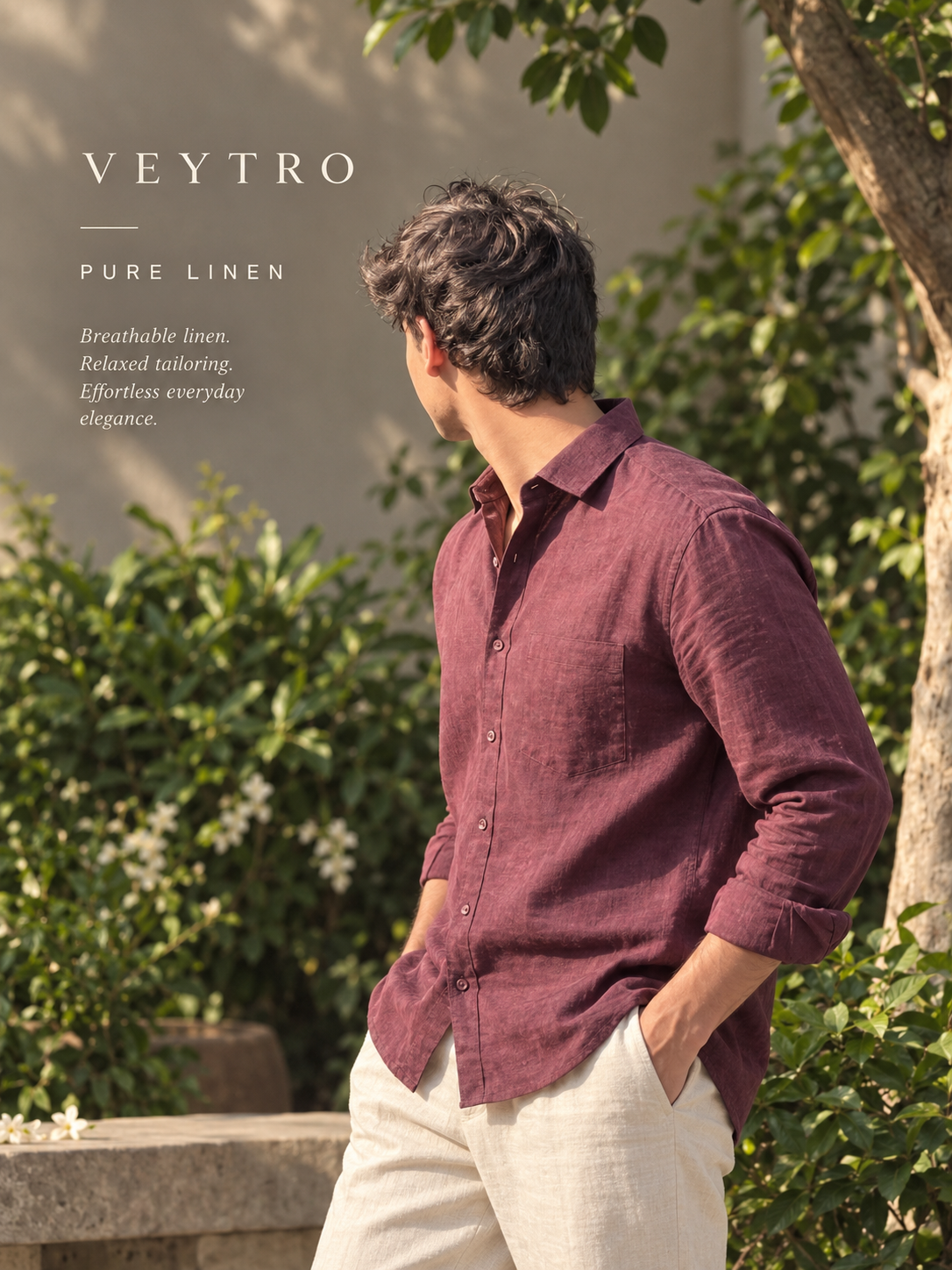 Men’s Wine Linen Shirt– Lightweight Breathable Button-Up