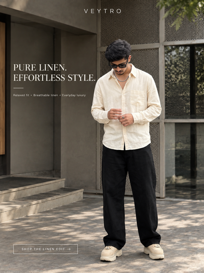 Men Cream Linen Casual Shirt with Spread Collar