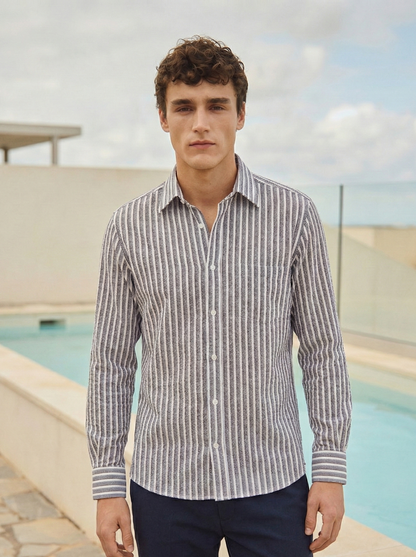 Purple and White Color Stripes Knitted Fabric Shirt